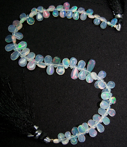 35.60 cts Insance Fire Multi Rainbow Color Play Transparent Ethiopian Welo Opal Plain Briolette (79 pieces) Beads, (Almond-Pear) Mini - Layout 3.5 to 10 MM