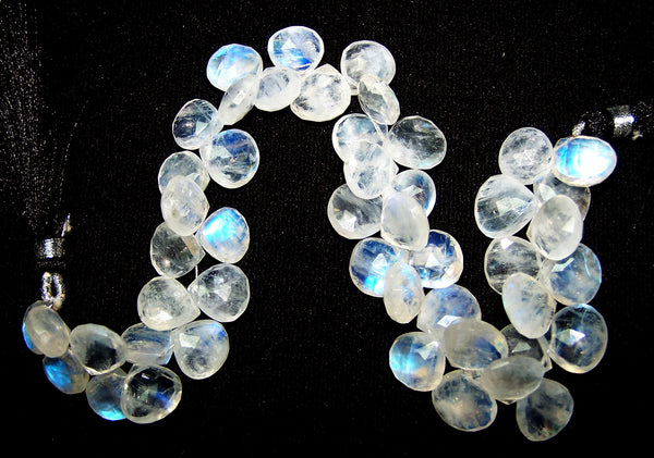 180.70 cts Blue Flashy White Rainbow Moonstone Heart Briolette Drop (48 Pcs) Beads Layout 9 x 12 MM  > For Necklace, Bracelet etc...