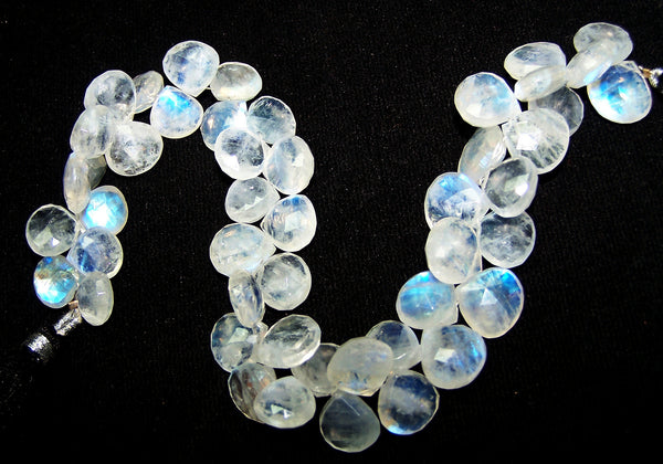 180.70 cts Blue Flashy White Rainbow Moonstone Heart Briolette Drop (48 Pcs) Beads Layout 9 x 12 MM  > For Necklace, Bracelet etc...