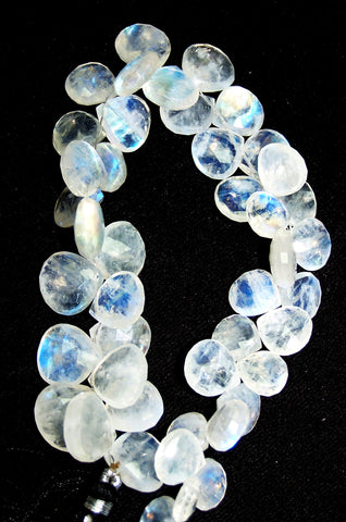 226.50 cts Blue Flashy White Rainbow Moonstone Heart Briolette Drop (45 Pcs) Beads Layout 9 x 13.7 MM  > For Necklace, Bracelet etc...