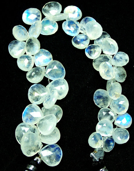 226.50 cts Blue Flashy White Rainbow Moonstone Heart Briolette Drop (45 Pcs) Beads Layout 9 x 13.7 MM  > For Necklace, Bracelet etc...