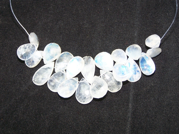 114.40 cts Blue Flashy White Rainbow Moonstone Almond Pear Briolette Drops (21 Pcs) Beads Mini - Layout 9.5 x 19 MM  > For Necklace, Earrings etc...