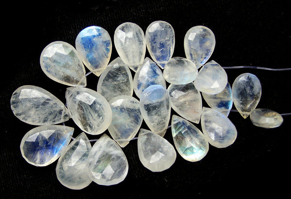 154.80 cts Blue Flashy White Rainbow Moonstone Almond Pear Briolette Drops (23 Pcs) Beads Mini - Layout 9.5 x 19 MM  > For Necklace, Earrings etc...