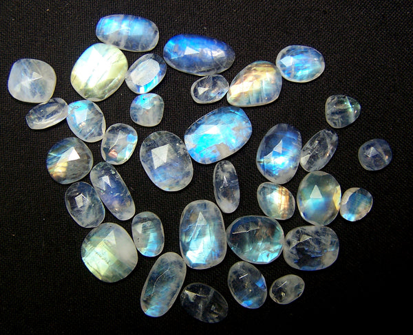 95 cts Blue Flashy White Rainbow Moonstone Faceted Slice Gems,34 Pieces, Wholesale Parcel/Lot of Free Form Loose Gems,100 % Natural AAA