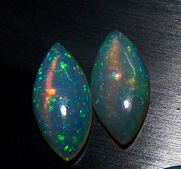 Masterpiece Collection : 7 x 14 MM Marquees Cabochons of Insane Metallic Rainbow Fire Color Play Ethiopian Welo Opal, Loose(1 Pair), Milky & Transparent AAA