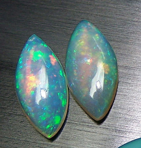 Masterpiece Collection : 7 x 14 MM Marquees Cabochons of Insane Metallic Rainbow Fire Color Play Ethiopian Welo Opal, Loose(1 Pair), Milky & Transparent AAA