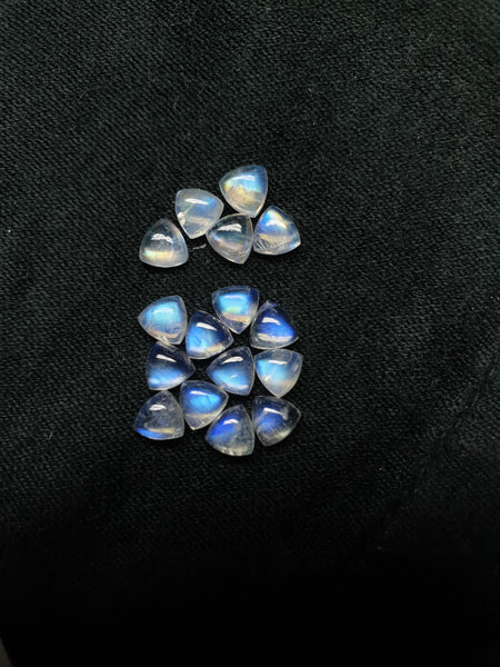 Masterpiece Blue Flashy White Rainbow Moonstone Calibrated 5 x 5 mm Trillion Cabochon Loose Gem, 100 % Natural Gems AAA