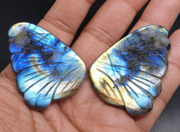 One Of A Kind: Large Peacock Blue Fire Play Multi Labradorite Fancy Butterfly Wings Shaped Hand Carved Gems, Loose Gems for Jewelry 100 % Natural AAA