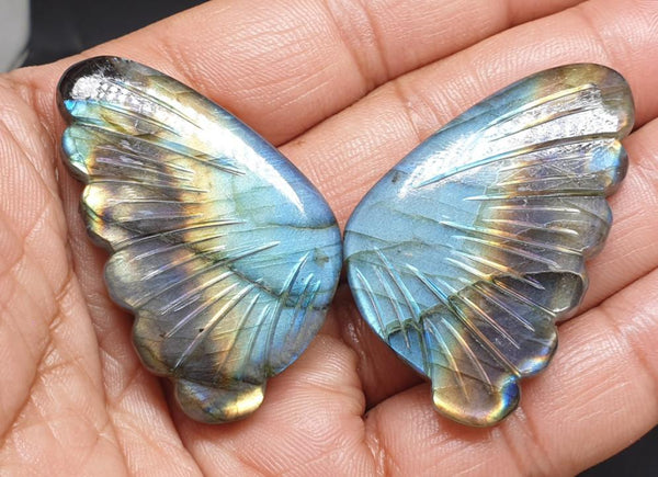 One Of A Kind: Large Golden Pattern Blue Fire Play Multi Labradorite Fancy Butterfly Wings Shaped Hand Carved Gems, Loose Gems for Jewelry 100 % Natural AAA