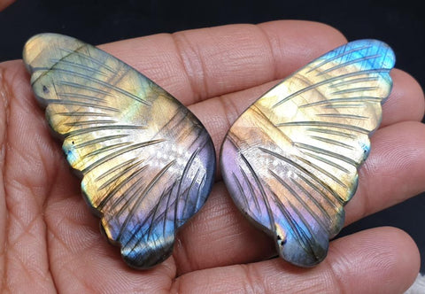 One Of A Kind: Large Golden Purple Fire Play Multi Labradorite Fancy Butterfly Wings Shaped Hand Carved Gems, Loose Gems for Jewelry 100 % Natural AAA
