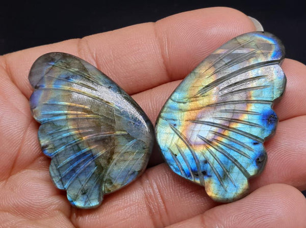 One Of A Kind: Large Golden Eye Blue Fire Play Multi Labradorite Fancy Butterfly Wings Shaped Hand Carved Gems, Loose Gems for Jewelry 100 % Natural AAA