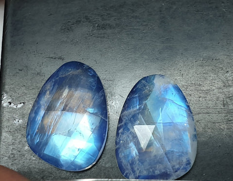 Fancy Blue Flashy White Rainbow Moonstone Rose Cut Slice Cabochon,2 Pieces - 1 Pair, Loose Gems,100 % Natural Gems AAA