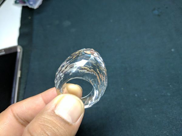 Unique 100 % Real & Natural Brazilian Crystal Quartz High Dome Checkered Finger Ring > Hand Carved