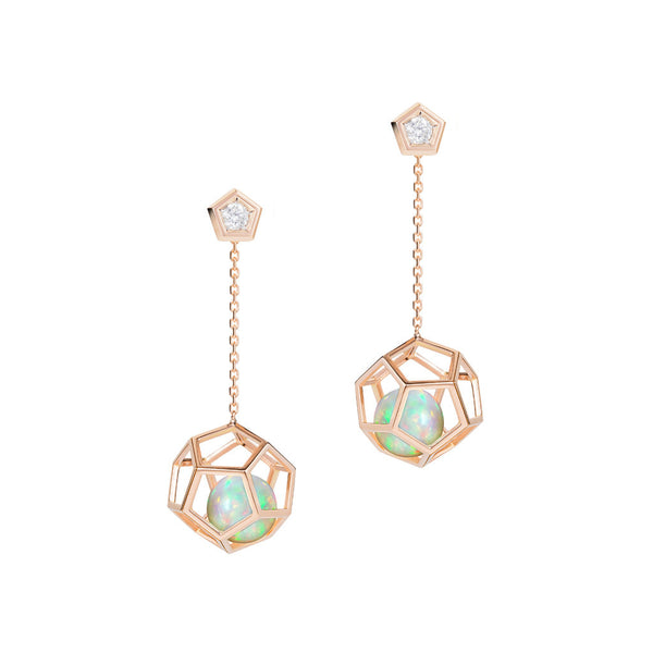 Masterpiece 18 K Yellow Gold Hexagon Cage Hanging Earrings for Floating Ethiopian Welo Opal Round Sphere Balls > Fine Jewelry