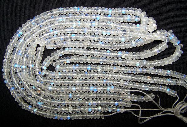 High Quality Transparent & Natural White Rainbow Fire Moonstone Micro Faceted Roundel Beads String 5 - 5.5 - 6 MM, 17 " Long AAA +