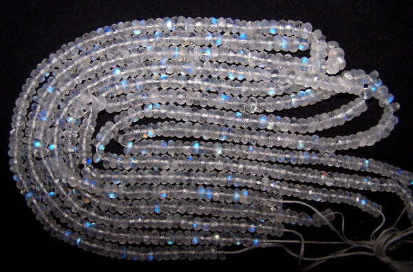 High Quality Transparent & Natural White Rainbow Fire Moonstone Micro Faceted Roundel Beads String 5 - 5.5 - 6 MM, 17 " Long AAA +