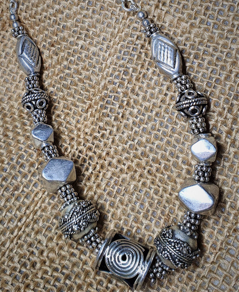 925 Sterling Silver Oxidised Necklace 16 inch with drum beads and Silver Chain and S Hook Clasp, Handmade (SHFC001)