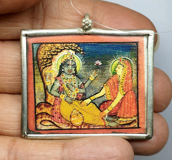 Lord Vishnu Painting Silver Pendant, Hand Painting Silver Pendant, 925 Sterling Silver Indian Pendant, Traditional Silver Pendant