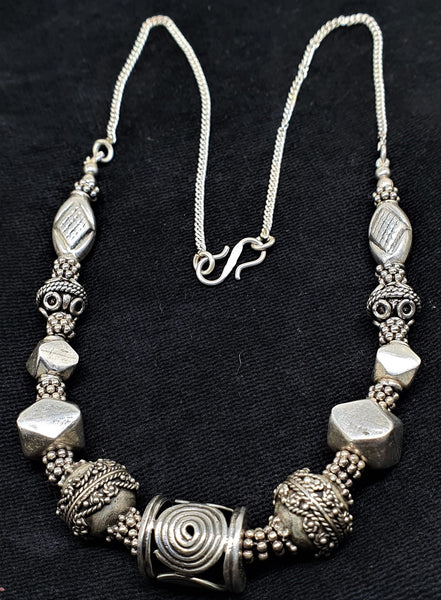 925 Sterling Silver Oxidised Necklace 16 inch with drum beads and Silver Chain and S Hook Clasp, Handmade (SHFC001)