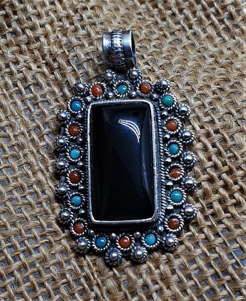 925 Sterling Silver Oxidised Necklace Pendant,Handmade Pendant, Black Onyx Pendant, with Turquoise and Coral Cabochons (SNPBL-CK_P005)