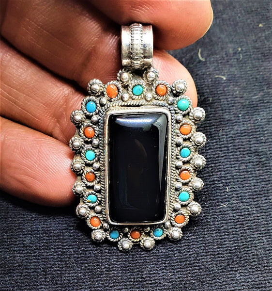 925 Sterling Silver Oxidised Necklace Pendant,Handmade Pendant, Black Onyx Pendant, with Turquoise and Coral Cabochons (SNPBL-CK_P005)