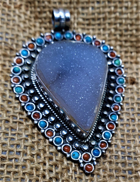 925 Sterling Silver Oxidised Necklace Pendant,Handmade Pendant, Onyx Druzy Pear Pendant, with Turquoise and Coral Cabochons (SNPDruzi_P004)