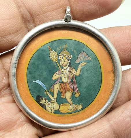 Hand Painted Lord Hanuman Silver Pendant, Large 925 Sterling Silver Necklace Pendant,Handmade Painting Pendant, Indian Silver Pendant