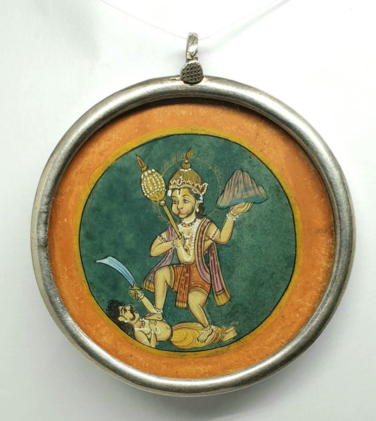 Hand Painted Lord Hanuman Silver Pendant, Large 925 Sterling Silver Necklace Pendant,Handmade Painting Pendant, Indian Silver Pendant