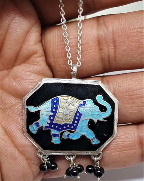 Minakari Elephant Silver Pendant, Hand Made Minakari Indian Silver Pendant, 925 Sterling Silver Elephant Pendant, Traditional Silver Pendant